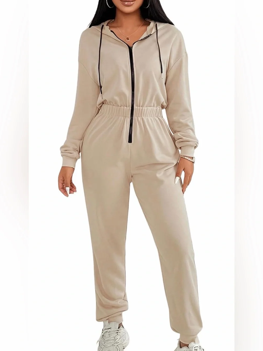 Women's Zip Up Hooded Jumpsuit Drawstring Long Sleeve Overall with Pockets - Picture 1 of 4